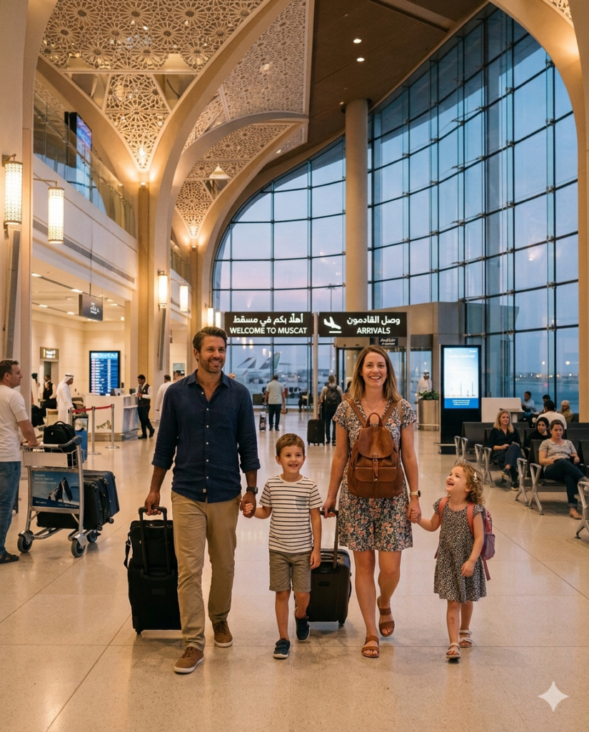 Expat family arriving at Muscat International Airport in Oman