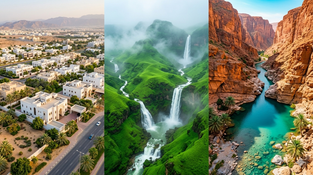 Three scenes of Oman showing Muscat neighbourhoods Salalah Khareef green hills and wadi canyon with turquoise water