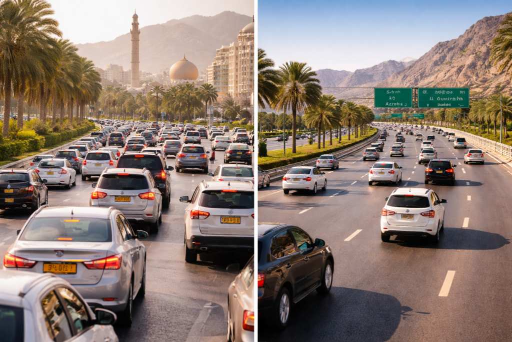 Morning traffic on a main road in Muscat
