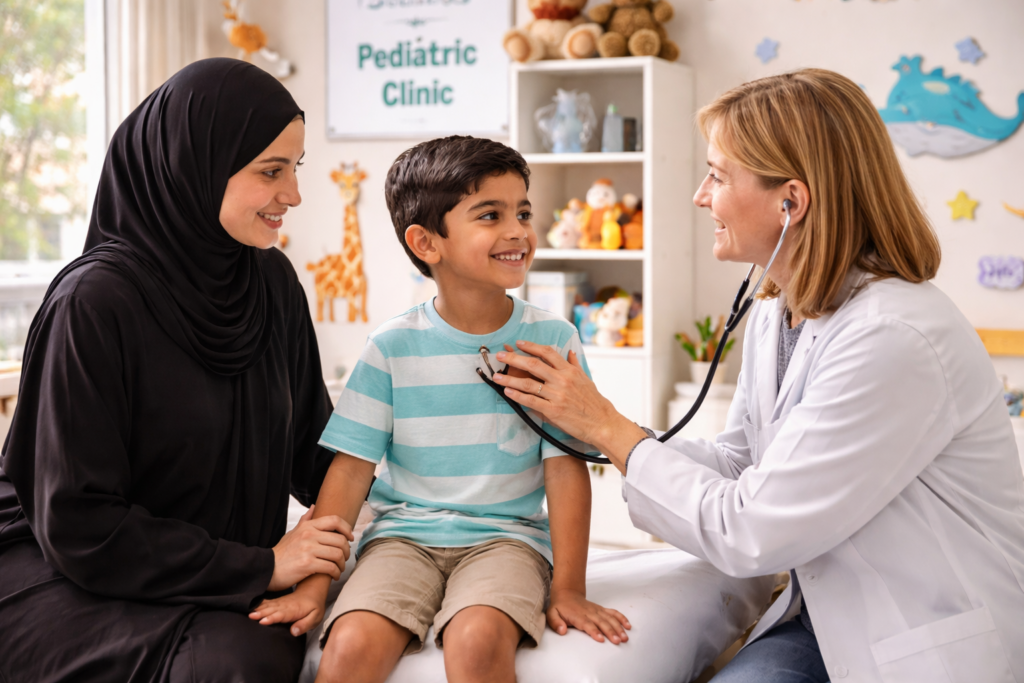 Child attending a healthcare visit in Muscat