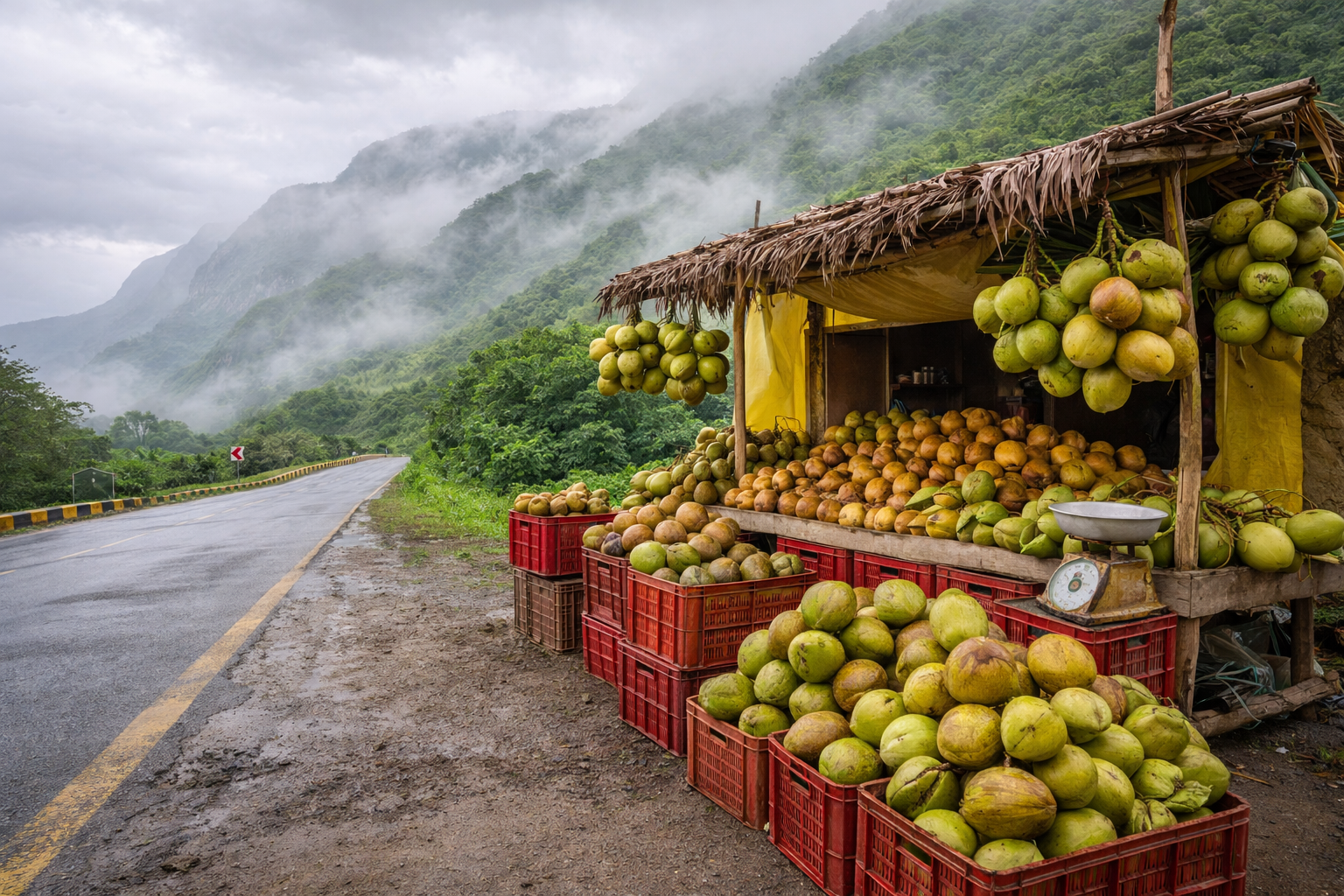 Roadside coconut stall Salalah Khareef