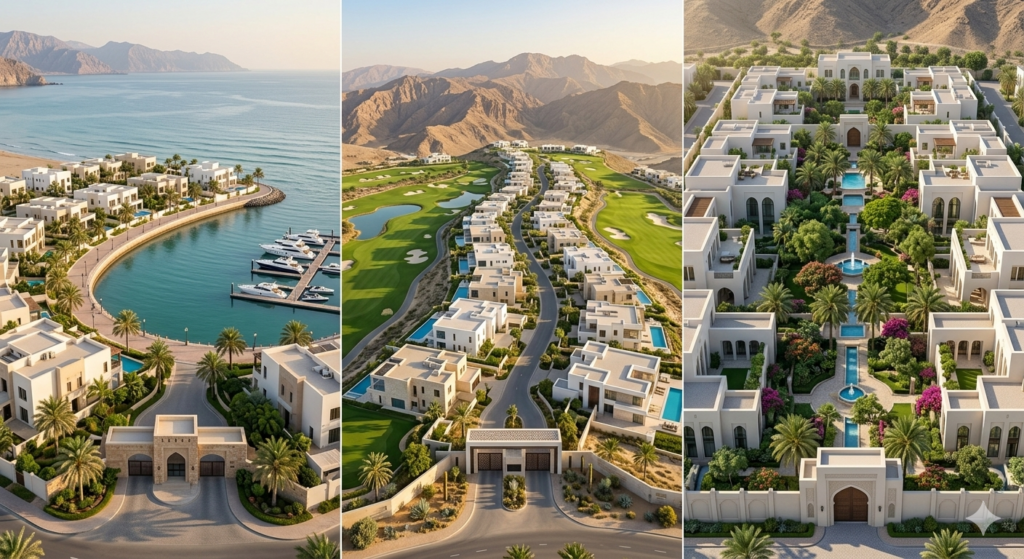 Comparison of residential compound types in Muscat from waterfront to golf course to garden villa