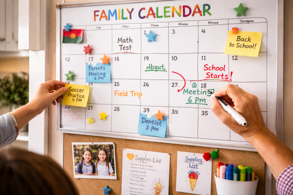 Family calendar used for school planning in Oman
