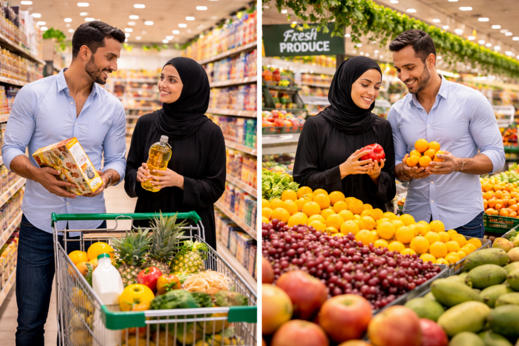 Supermarket aisle inside Lulu Hypermarket in Muscat