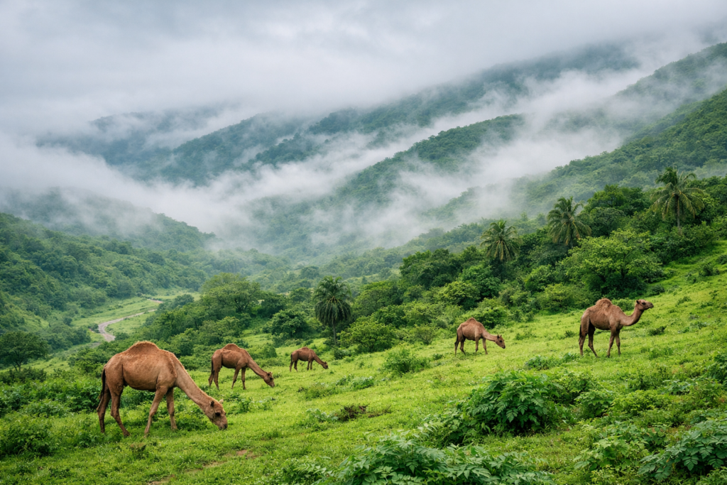 Green mountains of Salalah during Khareef monsoon season - complete guide for expats visiting Oman