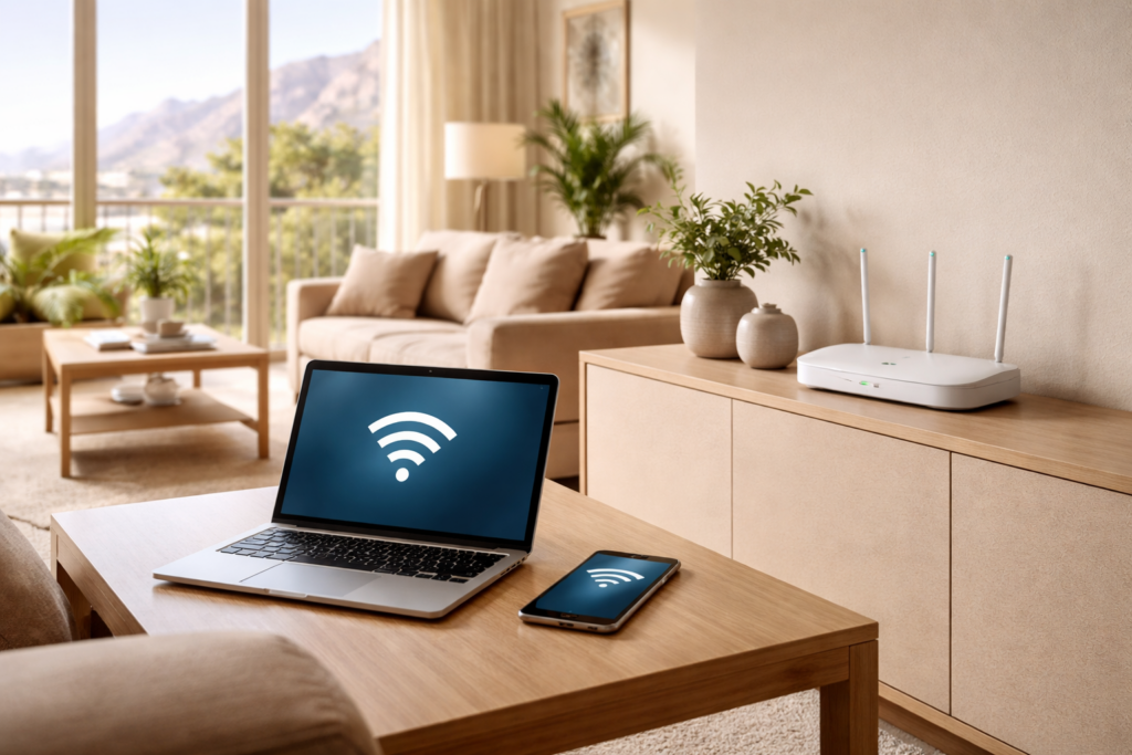 Home internet setup in a Muscat apartment with a fibre router, laptop and phone connected to WiFi