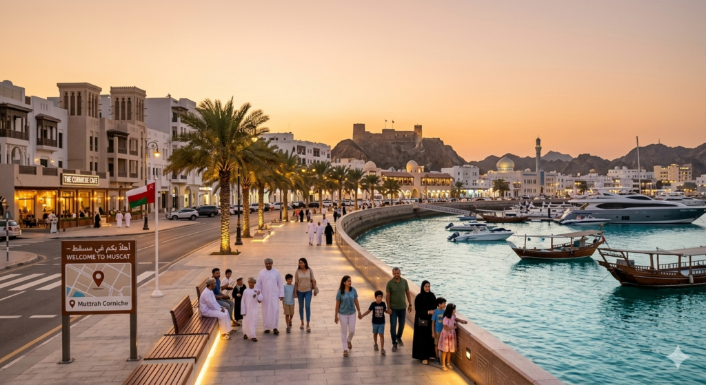 Oman relocation concierge — Muttrah Corniche waterfront in Muscat where Daleel Concierge helps expats settle in