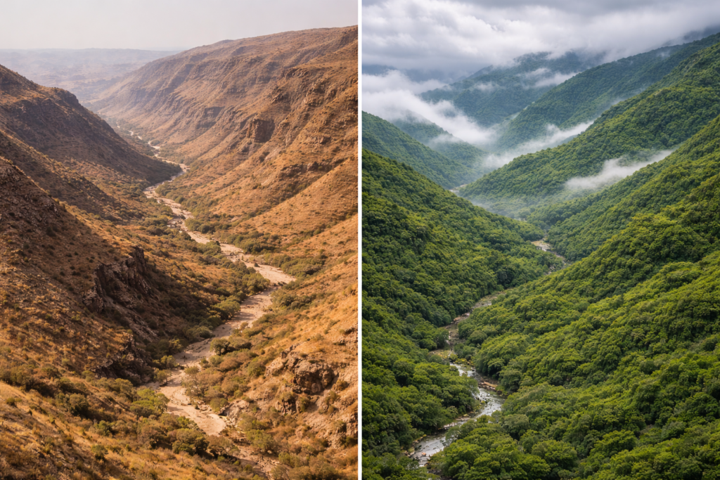 Salalah landscape comparison between dry season and green Khareef monsoon season