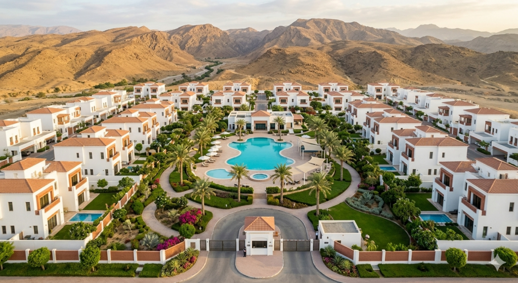Residential compound in Muscat with villas around a swimming pool and palm gardens