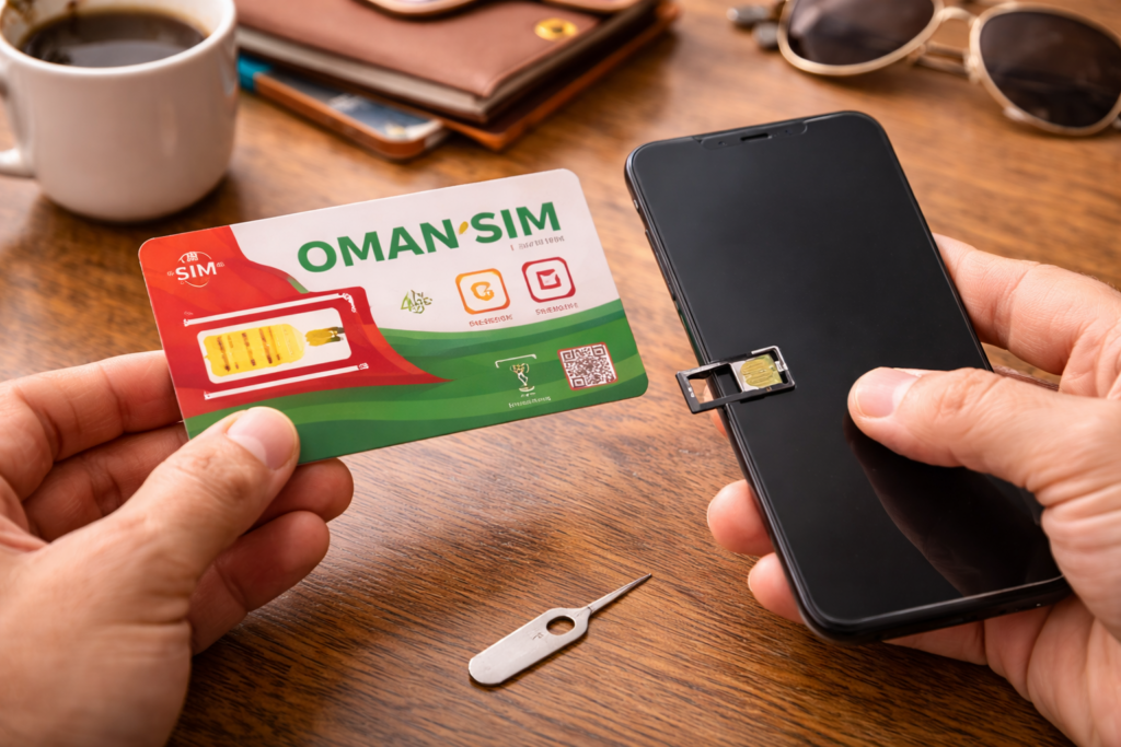 Mobile phone being set up with an Oman SIM card