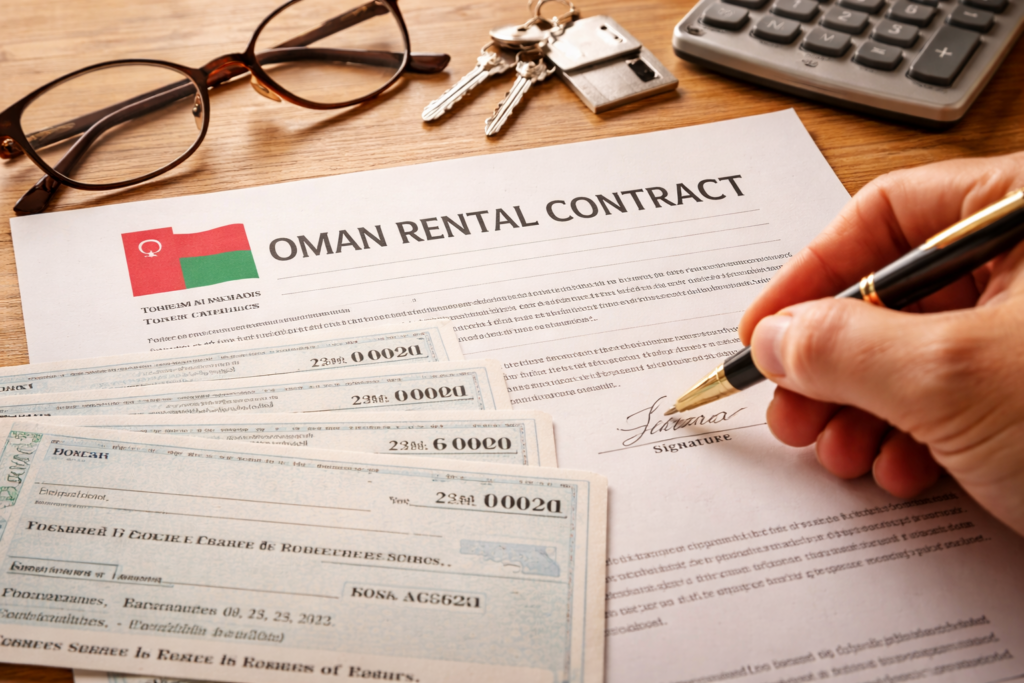 Rental contract and cheque book used for housing in Oman